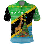 Tanzania Christmas Polo Shirt Giraffe Christmas Tree Snowflakes and Flag - African Pride