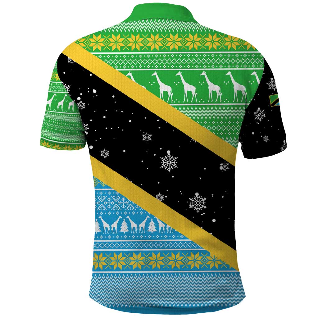 Tanzania Christmas Polo Shirt Giraffe Christmas Tree Snowflakes and Flag - African Pride