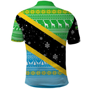 Tanzania Christmas Polo Shirt Giraffe Christmas Tree Snowflakes and Flag - African Pride