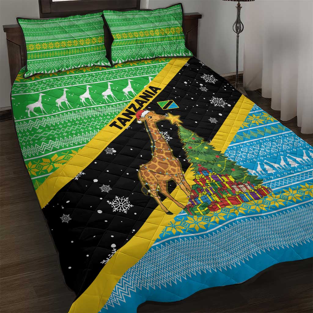 Tanzania Christmas Quilt Bed Set Giraffe Christmas Tree Snowflakes and Flag - African Pride