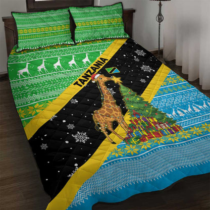 Tanzania Christmas Quilt Bed Set Giraffe Christmas Tree Snowflakes and Flag - African Pride
