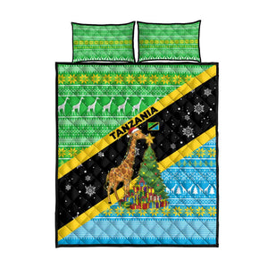 Tanzania Christmas Quilt Bed Set Giraffe Christmas Tree Snowflakes and Flag - African Pride
