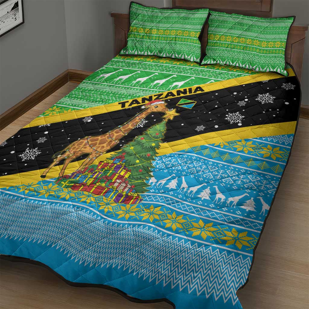 Tanzania Christmas Quilt Bed Set Giraffe Christmas Tree Snowflakes and Flag - African Pride