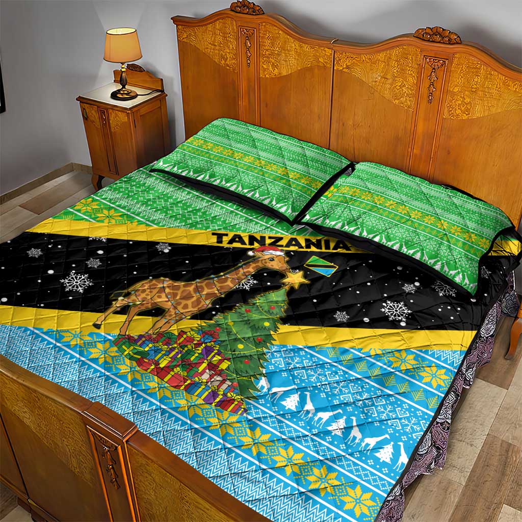 Tanzania Christmas Quilt Bed Set Giraffe Christmas Tree Snowflakes and Flag - African Pride