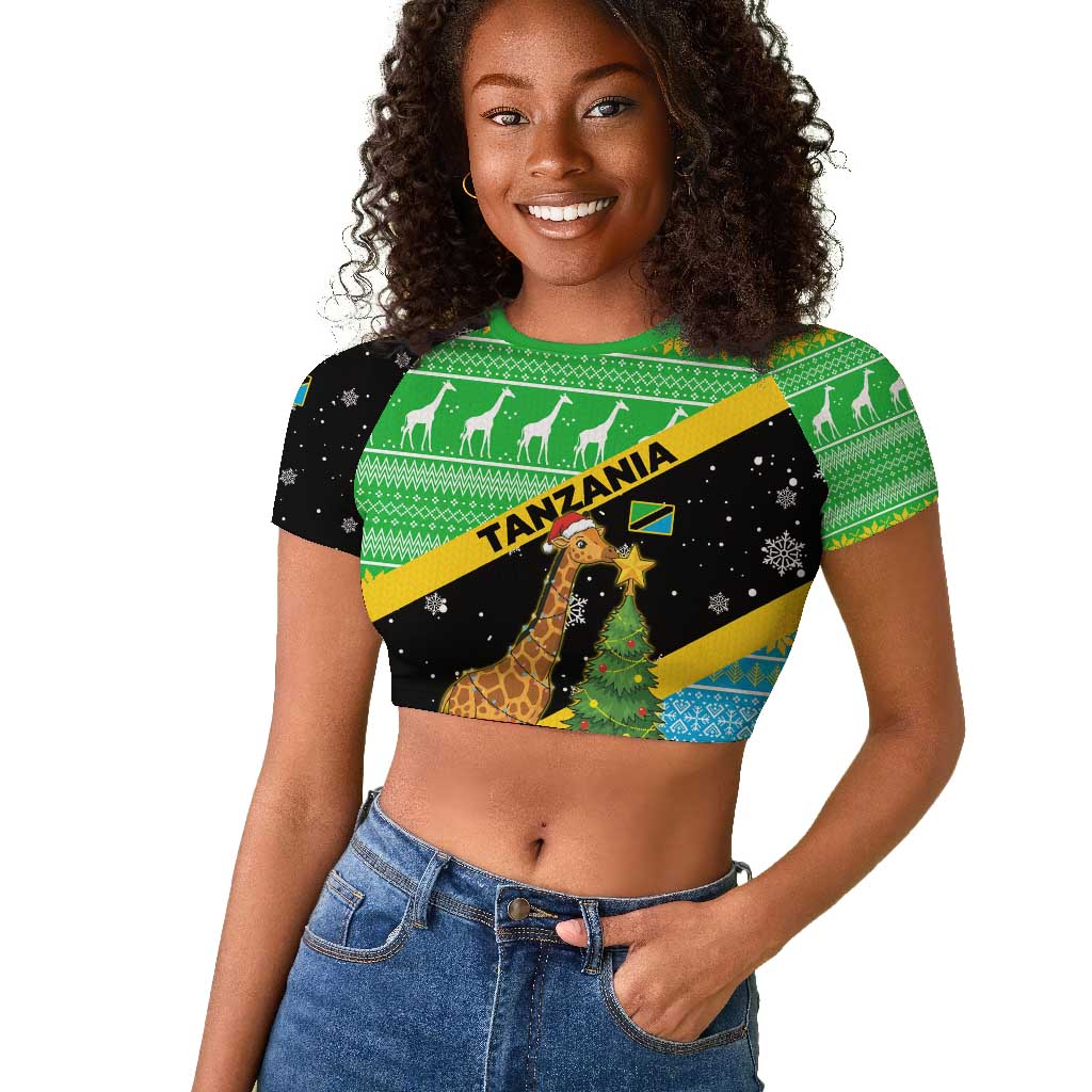 Tanzania Christmas Raglan Cropped T shirt Giraffe Christmas Tree Snowflakes and Flag - African Pride