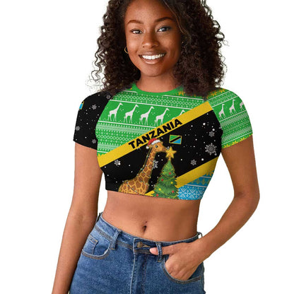 Tanzania Christmas Raglan Cropped T shirt Giraffe Christmas Tree Snowflakes and Flag - African Pride