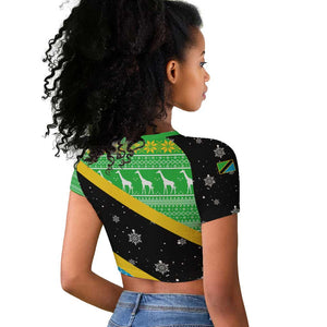 Tanzania Christmas Raglan Cropped T shirt Giraffe Christmas Tree Snowflakes and Flag - African Pride