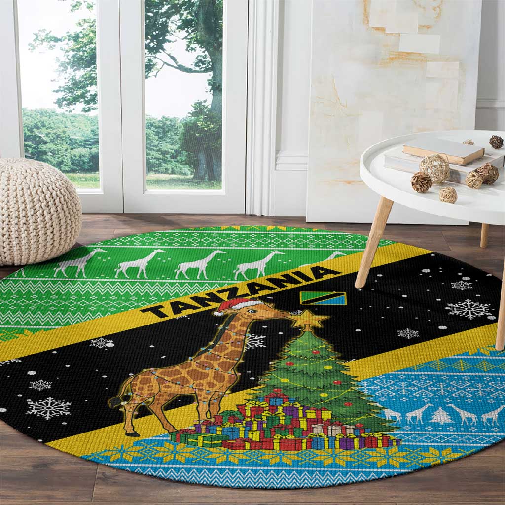 Tanzania Christmas Round Carpet Giraffe Christmas Tree Snowflakes and Flag - African Pride