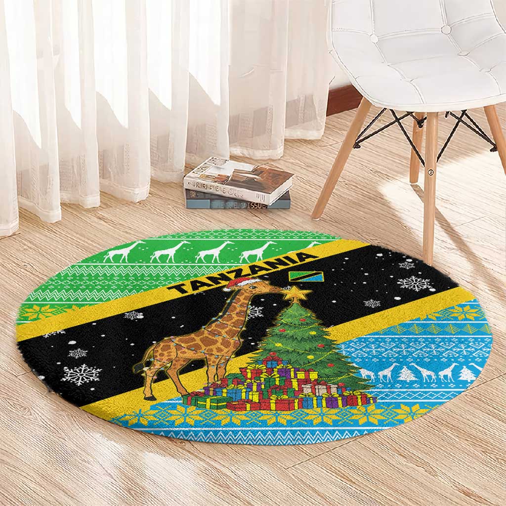 Tanzania Christmas Round Carpet Giraffe Christmas Tree Snowflakes and Flag - African Pride