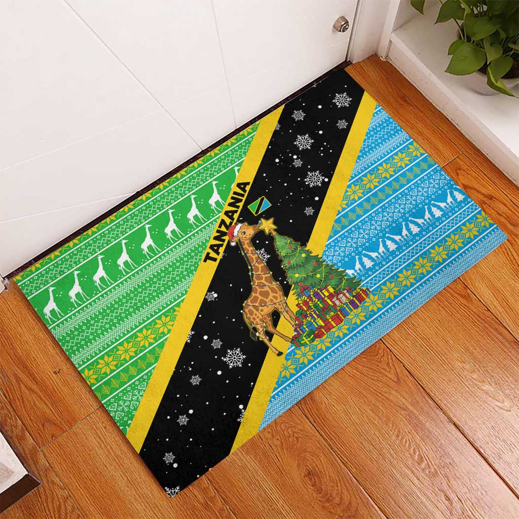 Tanzania Christmas Rubber Doormat Giraffe Christmas Tree Snowflakes and Flag - African Pride