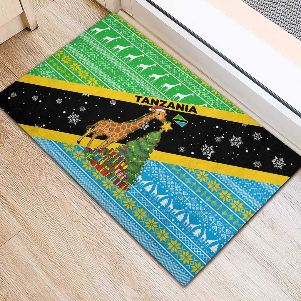 Tanzania Christmas Rubber Doormat Giraffe Christmas Tree Snowflakes and Flag - African Pride