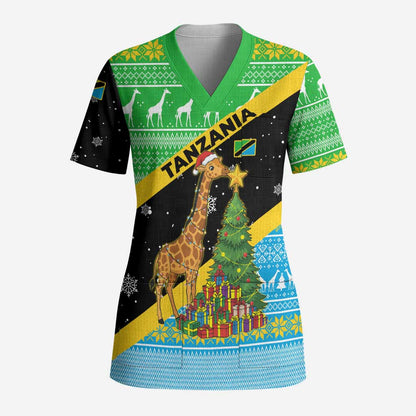 Tanzania Christmas Scrub Top Giraffe Christmas Tree Snowflakes and Flag - African Pride