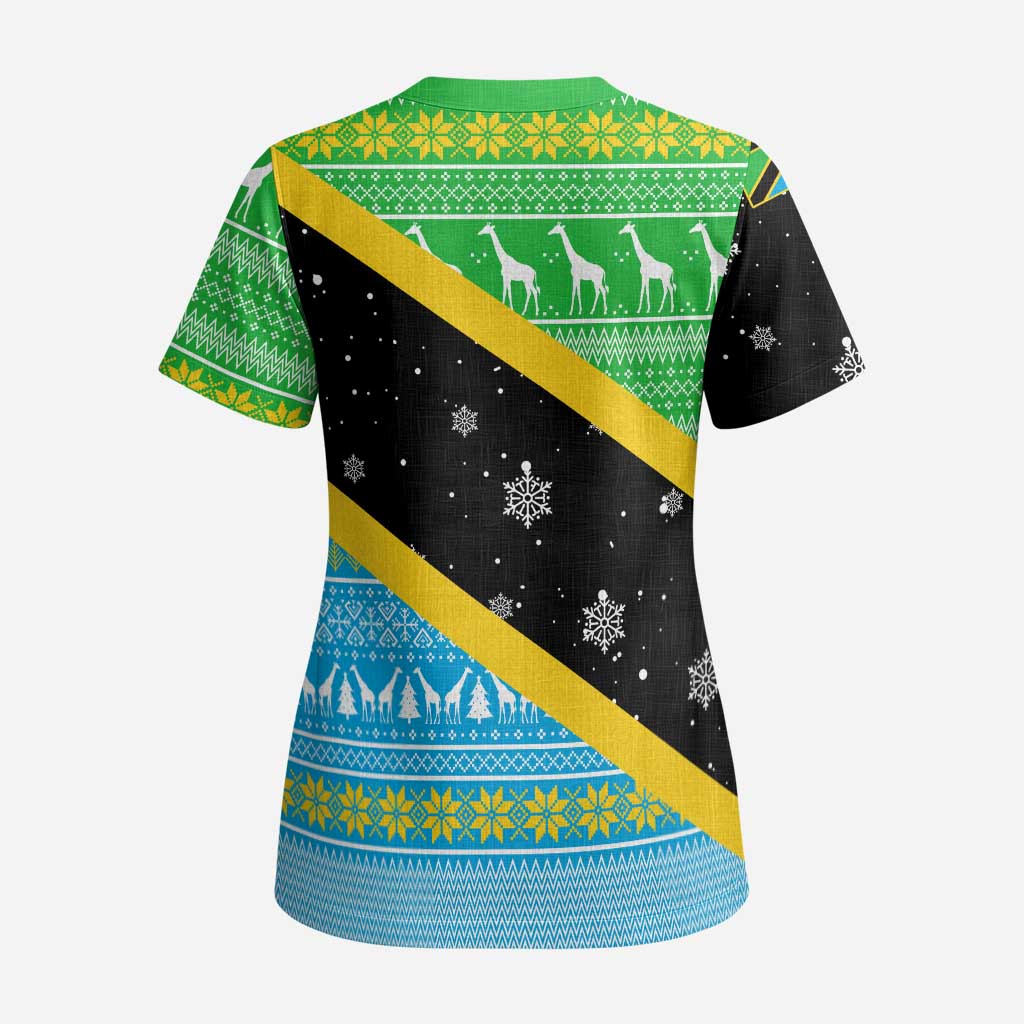 Tanzania Christmas Scrub Top Giraffe Christmas Tree Snowflakes and Flag - African Pride