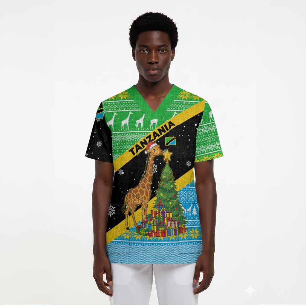 Tanzania Christmas Scrub Top Giraffe Christmas Tree Snowflakes and Flag - African Pride