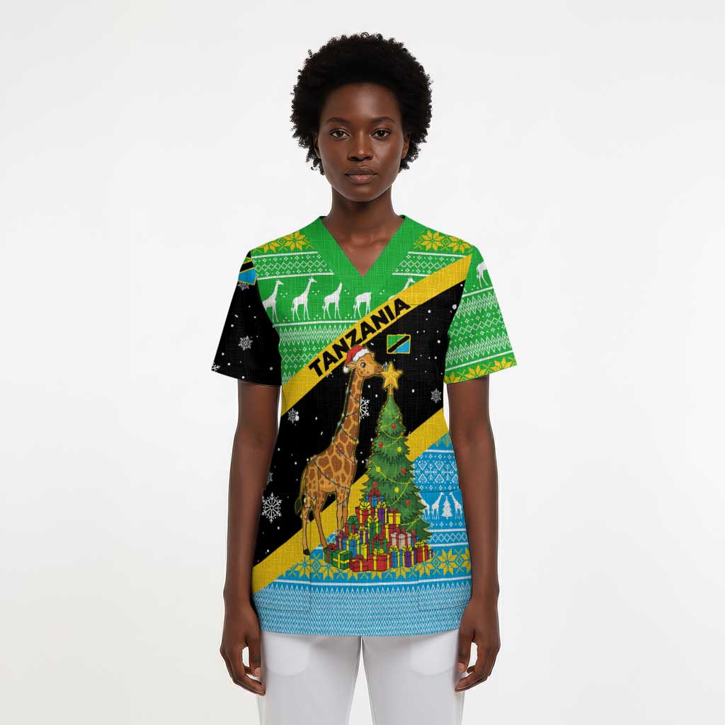 Tanzania Christmas Scrub Top Giraffe Christmas Tree Snowflakes and Flag - African Pride
