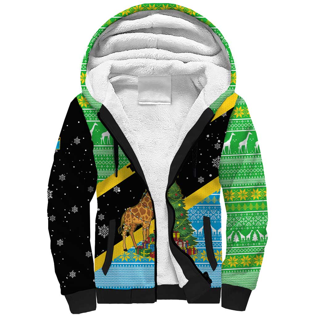 Tanzania Christmas Sherpa Hoodie Giraffe Christmas Tree Snowflakes and Flag - African Pride