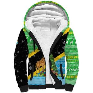 Tanzania Christmas Sherpa Hoodie Giraffe Christmas Tree Snowflakes and Flag - African Pride