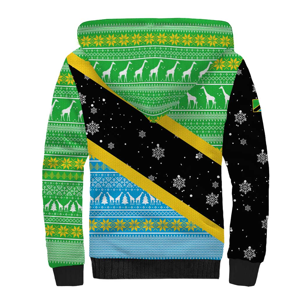 Tanzania Christmas Sherpa Hoodie Giraffe Christmas Tree Snowflakes and Flag - African Pride