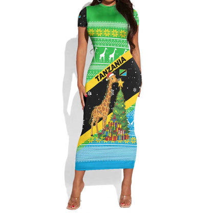 Tanzania Christmas Short Sleeve Bodycon Dress Giraffe Christmas Tree Snowflakes and Flag - African Pride
