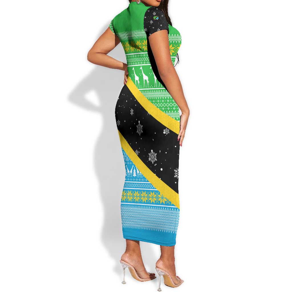 Tanzania Christmas Short Sleeve Bodycon Dress Giraffe Christmas Tree Snowflakes and Flag - African Pride