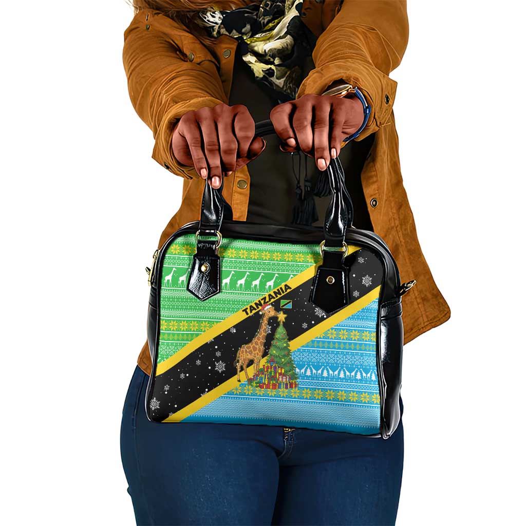 Tanzania Christmas Shoulder Handbag Giraffe Christmas Tree Snowflakes and Flag - African Pride
