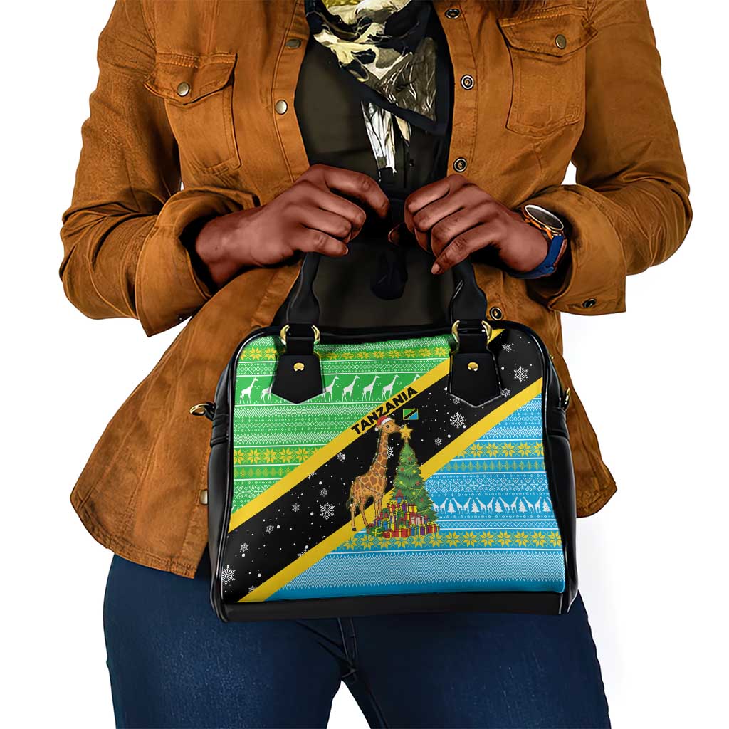 Tanzania Christmas Shoulder Handbag Giraffe Christmas Tree Snowflakes and Flag - African Pride