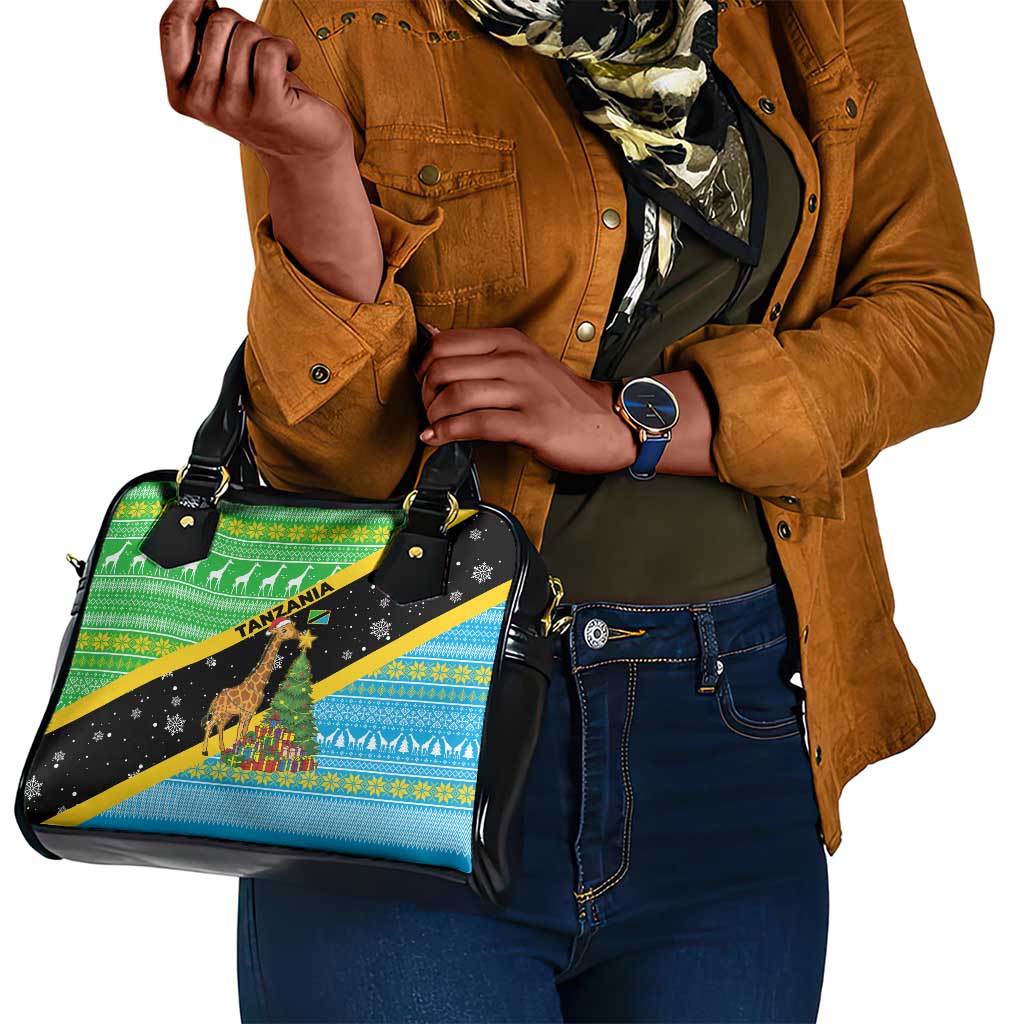 Tanzania Christmas Shoulder Handbag Giraffe Christmas Tree Snowflakes and Flag - African Pride
