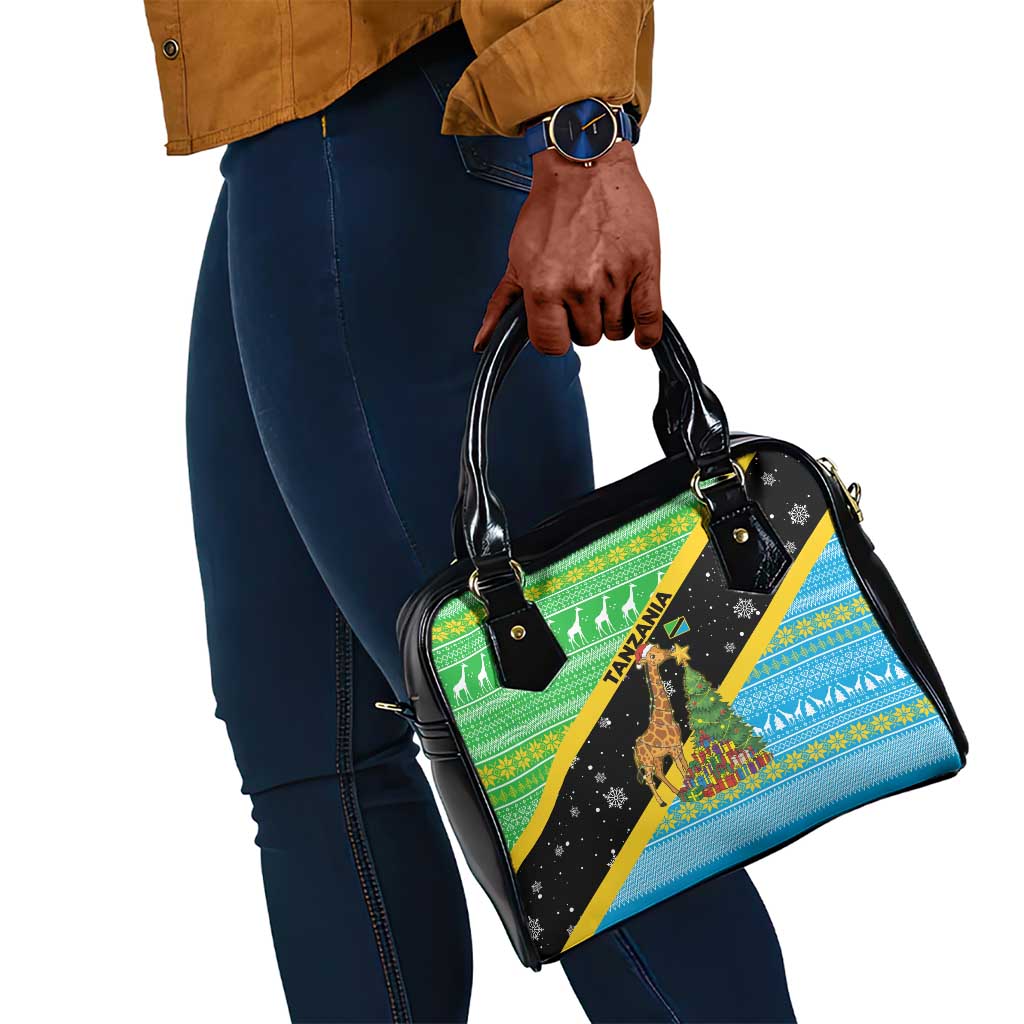 Tanzania Christmas Shoulder Handbag Giraffe Christmas Tree Snowflakes and Flag - African Pride
