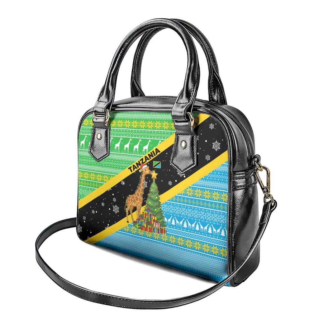 Tanzania Christmas Shoulder Handbag Giraffe Christmas Tree Snowflakes and Flag - African Pride