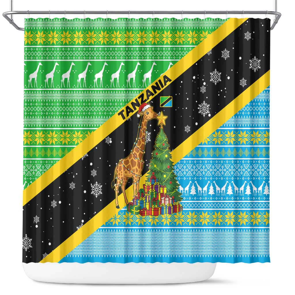 Tanzania Christmas Shower Curtain Giraffe Christmas Tree Snowflakes and Flag - African Pride