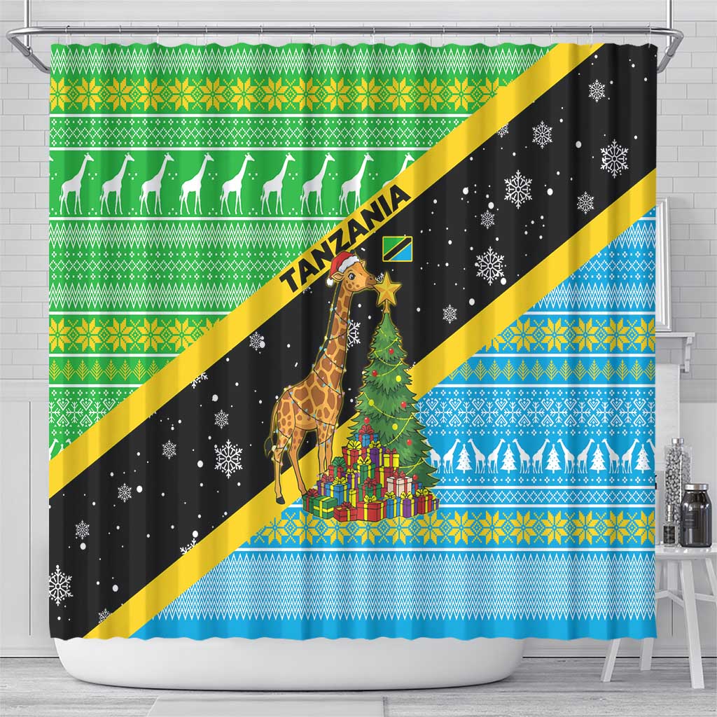 Tanzania Christmas Shower Curtain Giraffe Christmas Tree Snowflakes and Flag - African Pride