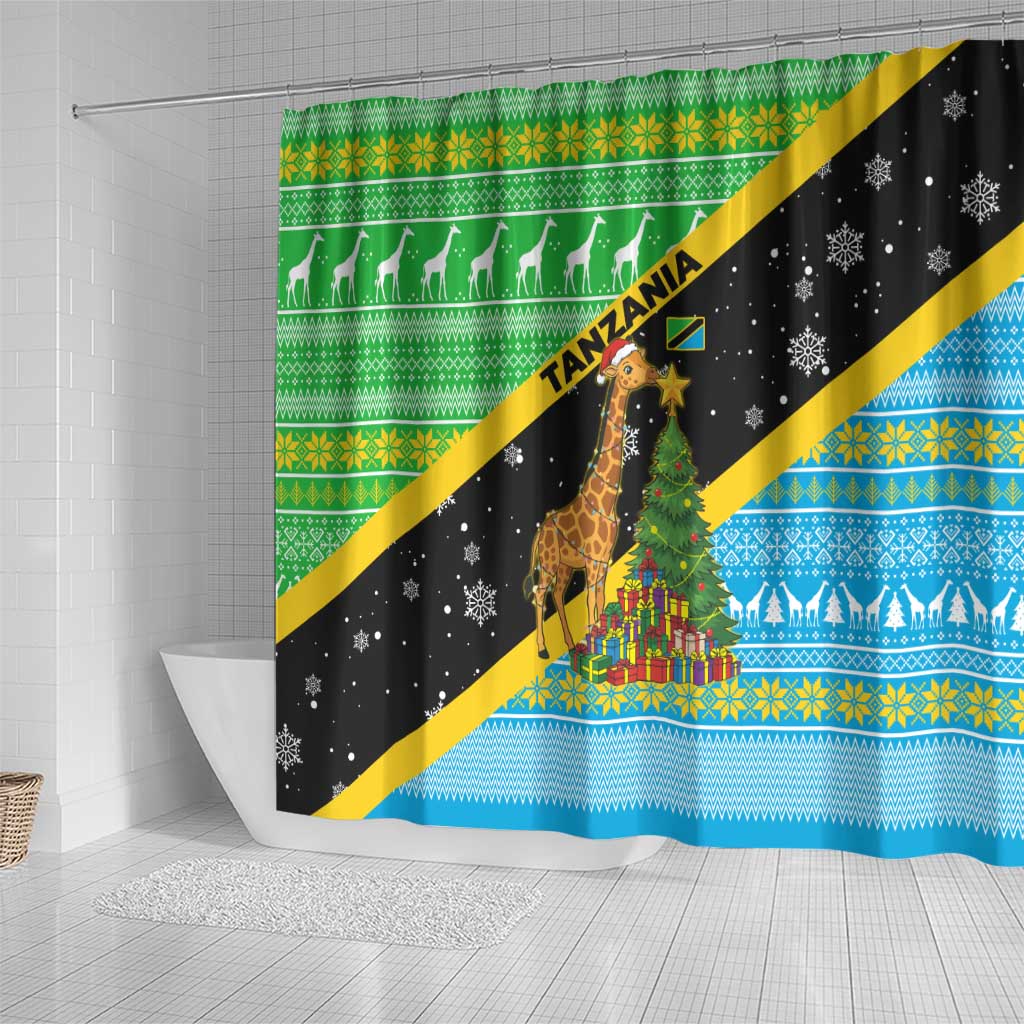 Tanzania Christmas Shower Curtain Giraffe Christmas Tree Snowflakes and Flag - African Pride