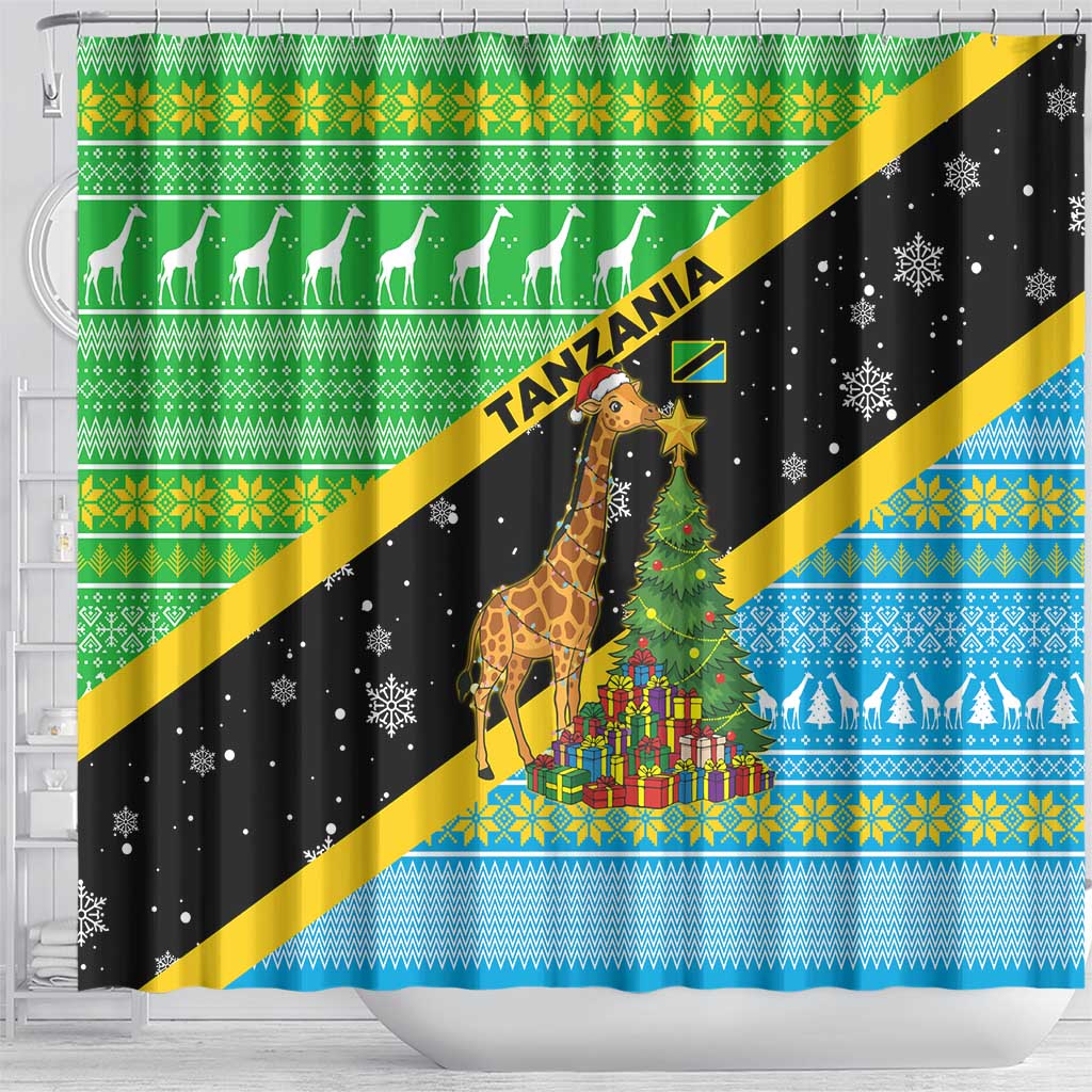 Tanzania Christmas Shower Curtain Giraffe Christmas Tree Snowflakes and Flag - African Pride