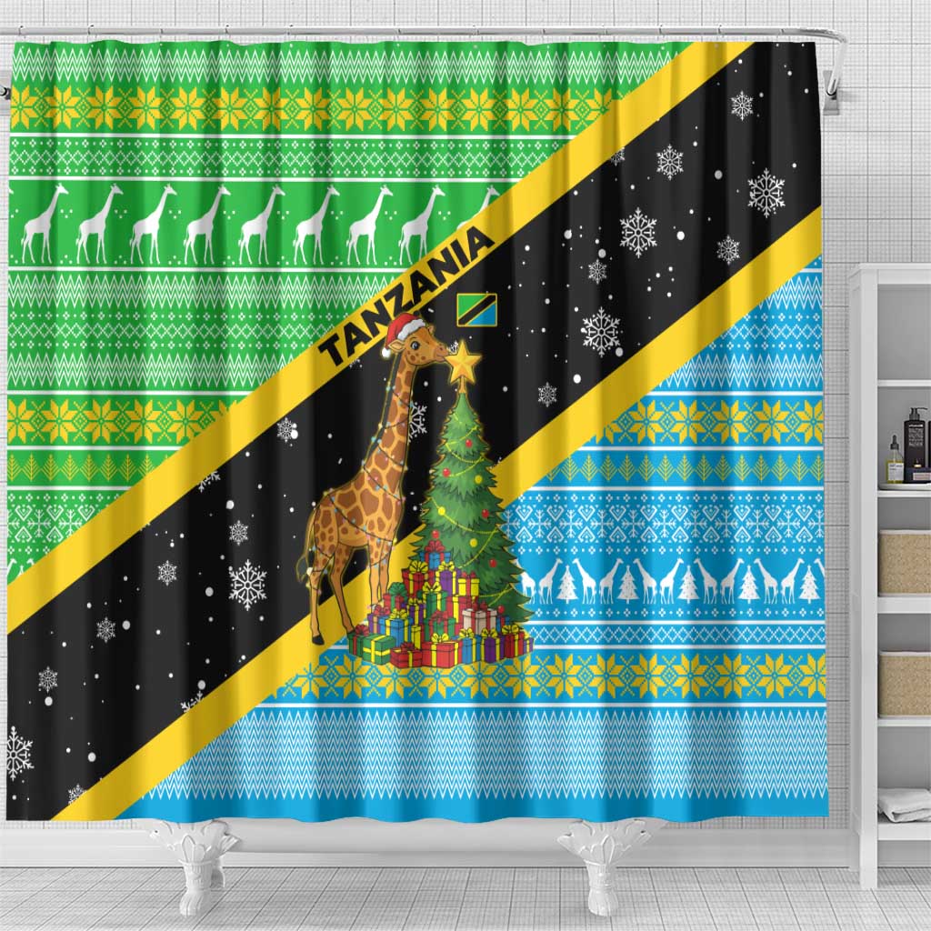 Tanzania Christmas Shower Curtain Giraffe Christmas Tree Snowflakes and Flag - African Pride