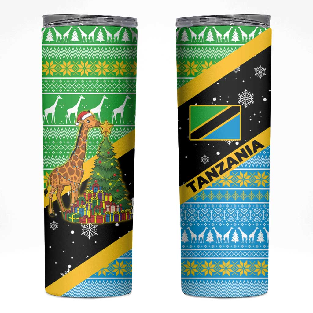 Tanzania Christmas Skinny Tumbler Giraffe Christmas Tree Snowflakes and Flag - African Pride