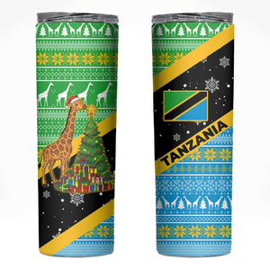 Tanzania Christmas Skinny Tumbler Giraffe Christmas Tree Snowflakes and Flag - African Pride