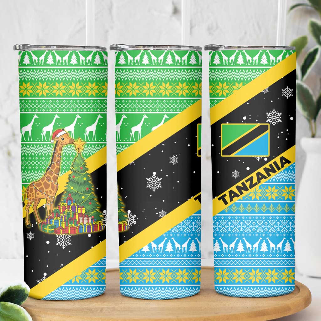 Tanzania Christmas Skinny Tumbler Giraffe Christmas Tree Snowflakes and Flag - African Pride
