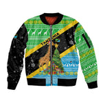 Tanzania Christmas Sleeve Zip Bomber Jacket Giraffe Christmas Tree Snowflakes and Flag - African Pride