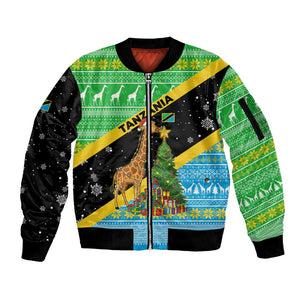 Tanzania Christmas Sleeve Zip Bomber Jacket Giraffe Christmas Tree Snowflakes and Flag - African Pride