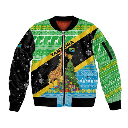 Tanzania Christmas Sleeve Zip Bomber Jacket Giraffe Christmas Tree Snowflakes and Flag - African Pride