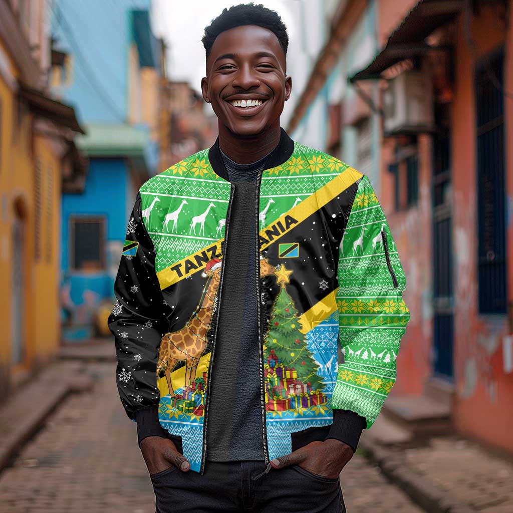Tanzania Christmas Sleeve Zip Bomber Jacket Giraffe Christmas Tree Snowflakes and Flag - African Pride