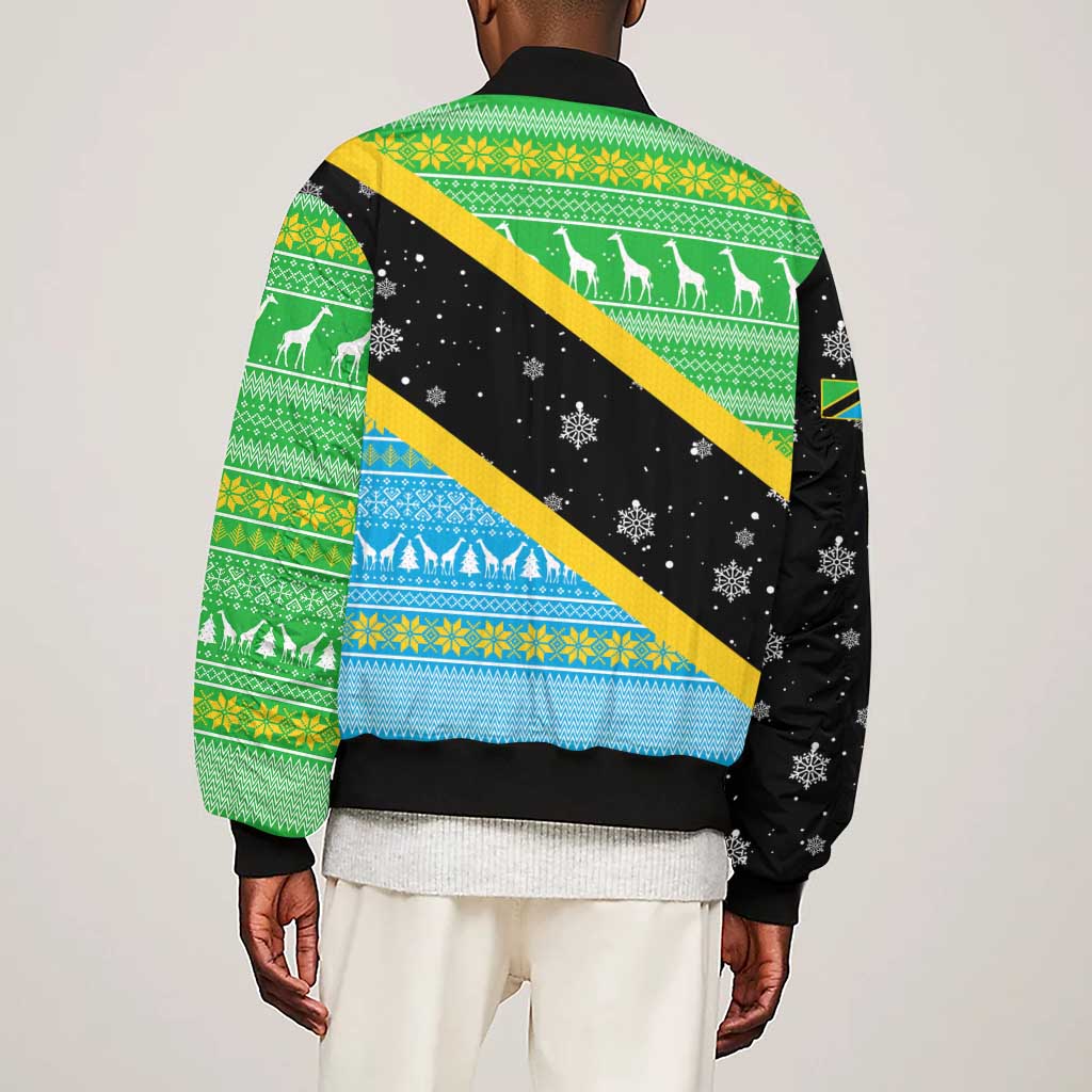 Tanzania Christmas Sleeve Zip Bomber Jacket Giraffe Christmas Tree Snowflakes and Flag - African Pride