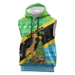 Tanzania Christmas Sleeveless Hoodie Giraffe Christmas Tree Snowflakes and Flag - African Pride
