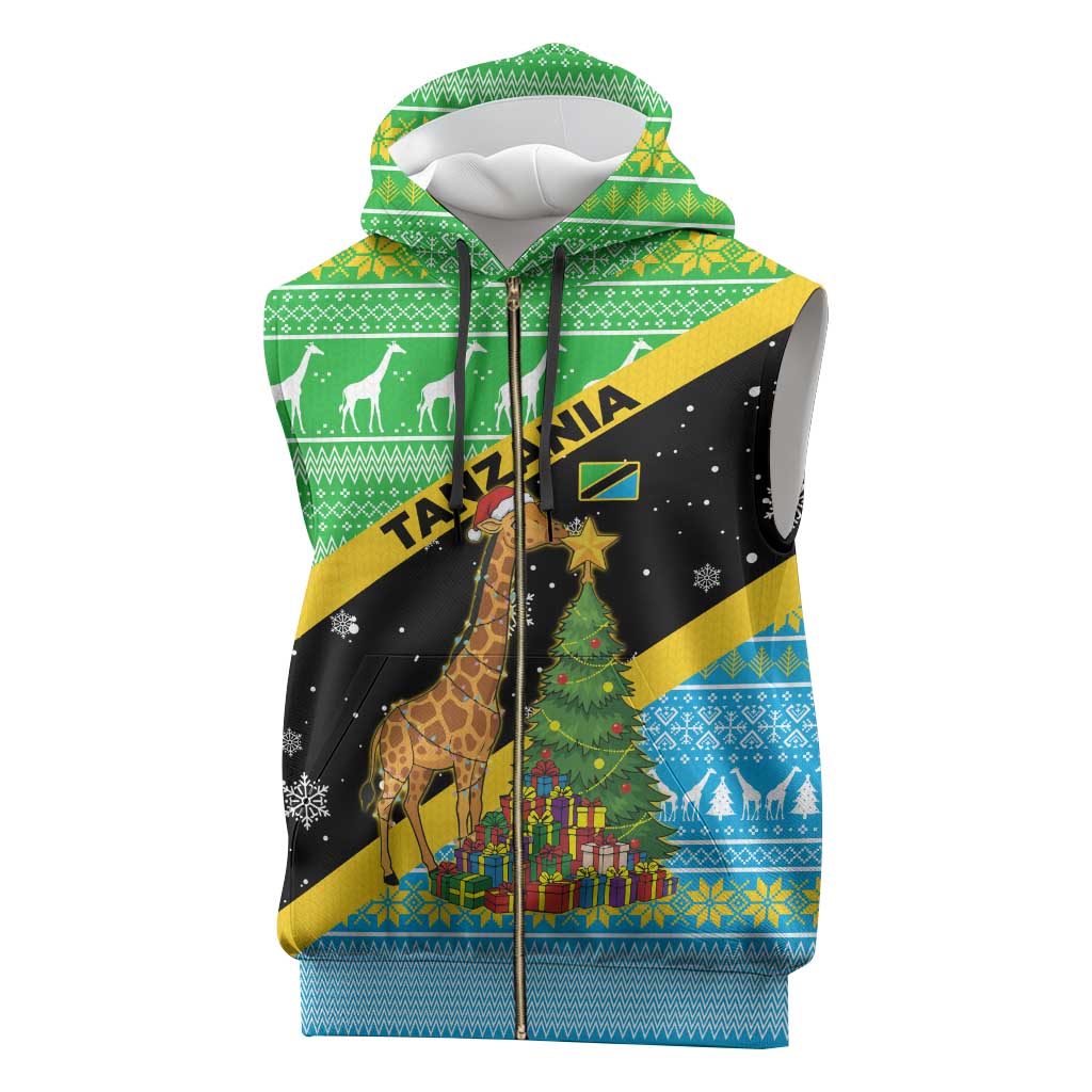 Tanzania Christmas Sleeveless Zip Hoodie Giraffe Christmas Tree Snowflakes and Flag - African Pride