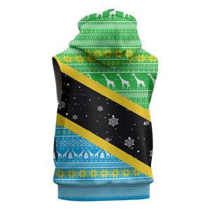 Tanzania Christmas Sleeveless Zip Hoodie Giraffe Christmas Tree Snowflakes and Flag - African Pride