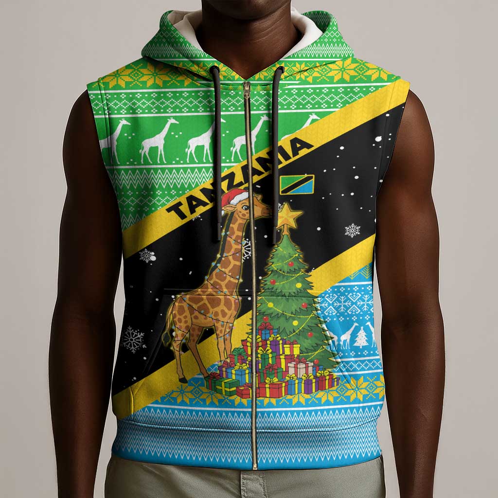 Tanzania Christmas Sleeveless Zip Hoodie Giraffe Christmas Tree Snowflakes and Flag - African Pride