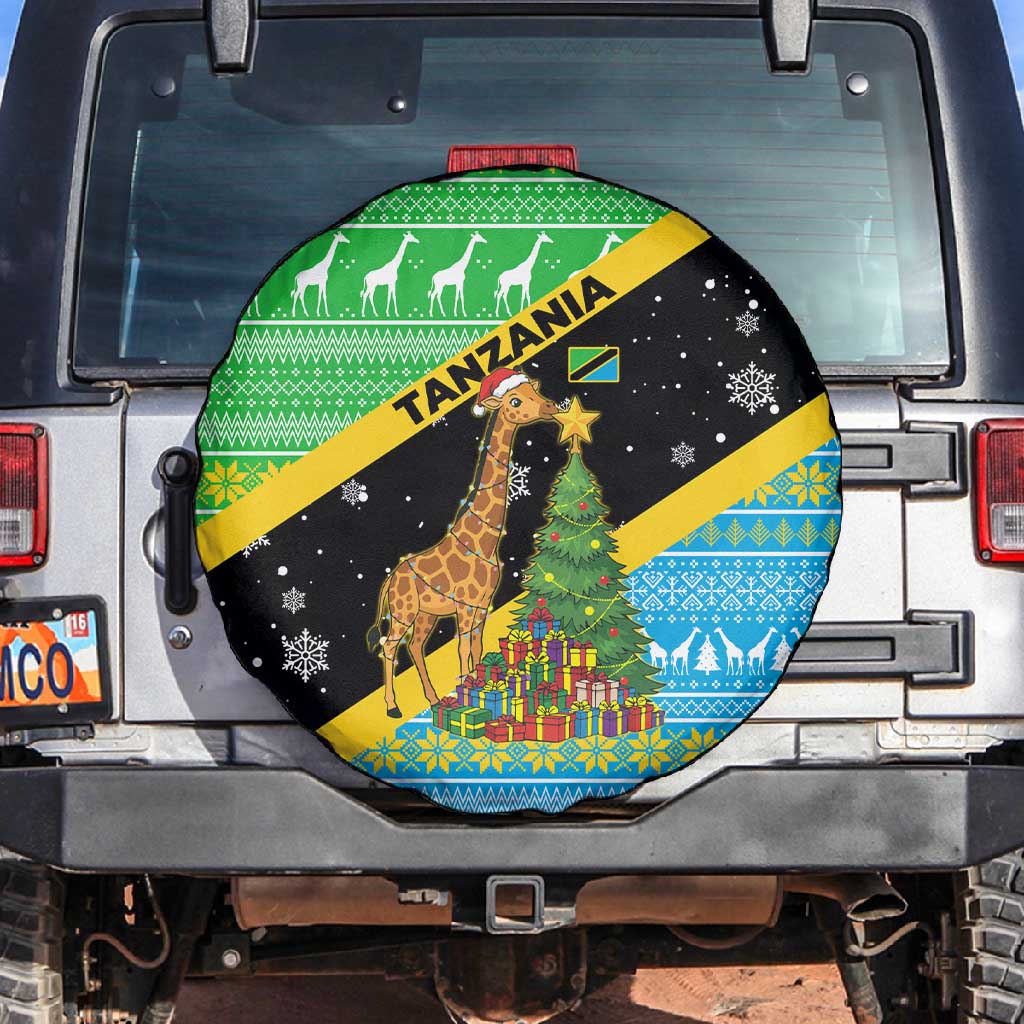 Tanzania Christmas Spare Tire Cover Giraffe Christmas Tree Snowflakes and Flag - African Pride