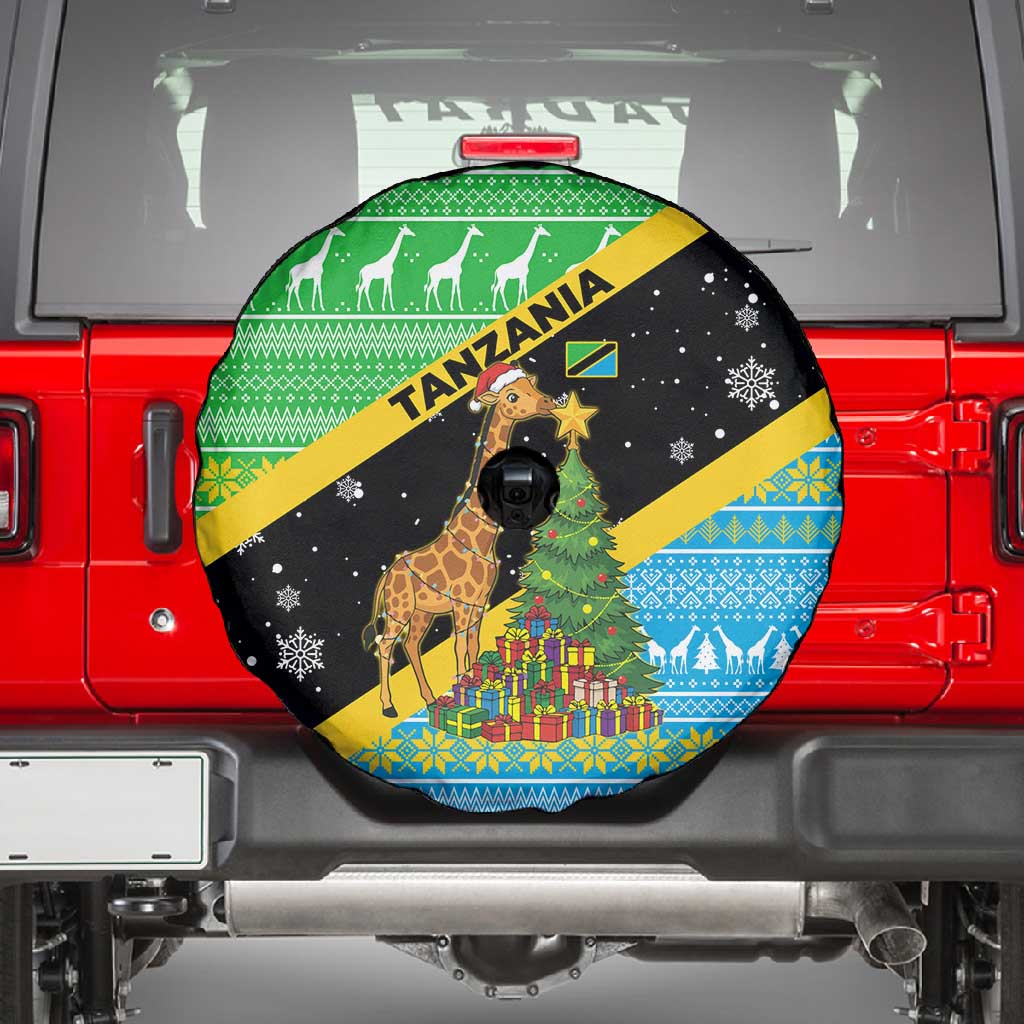 Tanzania Christmas Spare Tire Cover Giraffe Christmas Tree Snowflakes and Flag - African Pride