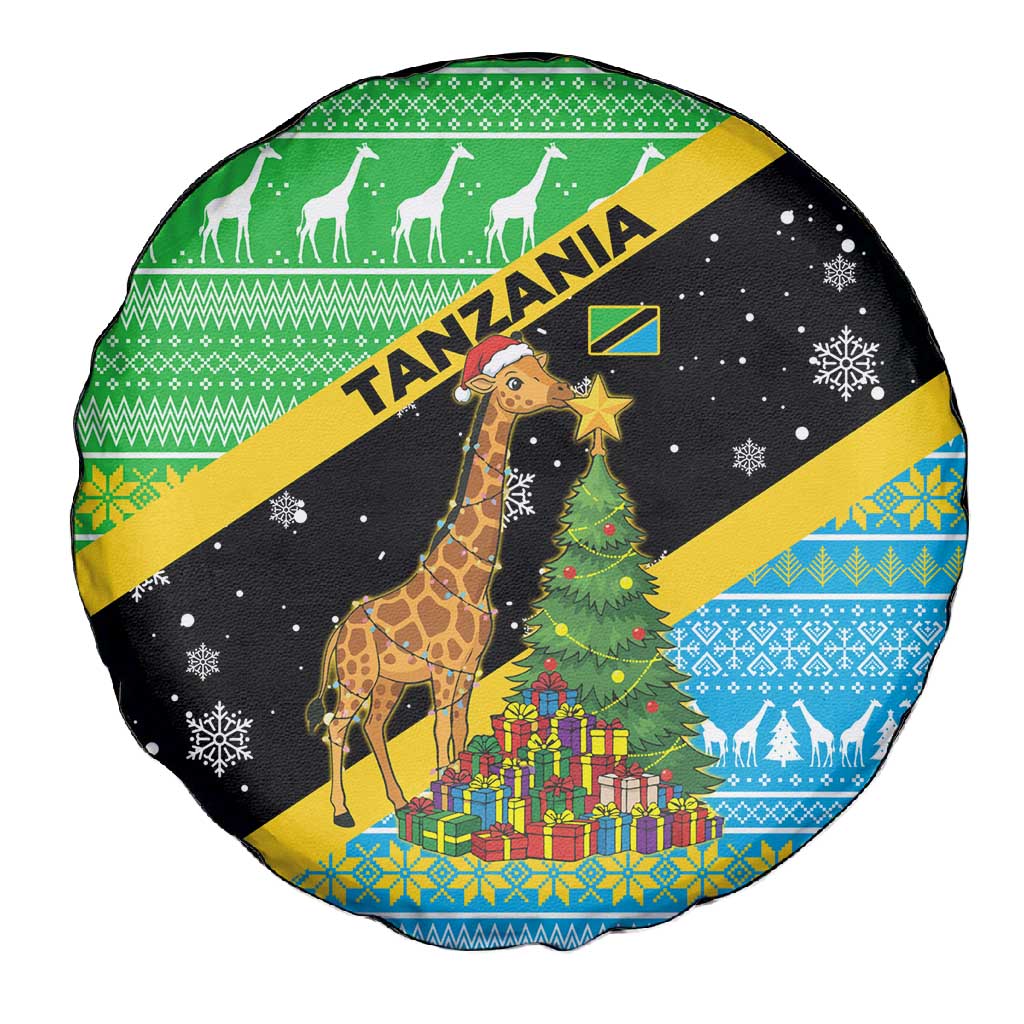 Tanzania Christmas Spare Tire Cover Giraffe Christmas Tree Snowflakes and Flag - African Pride
