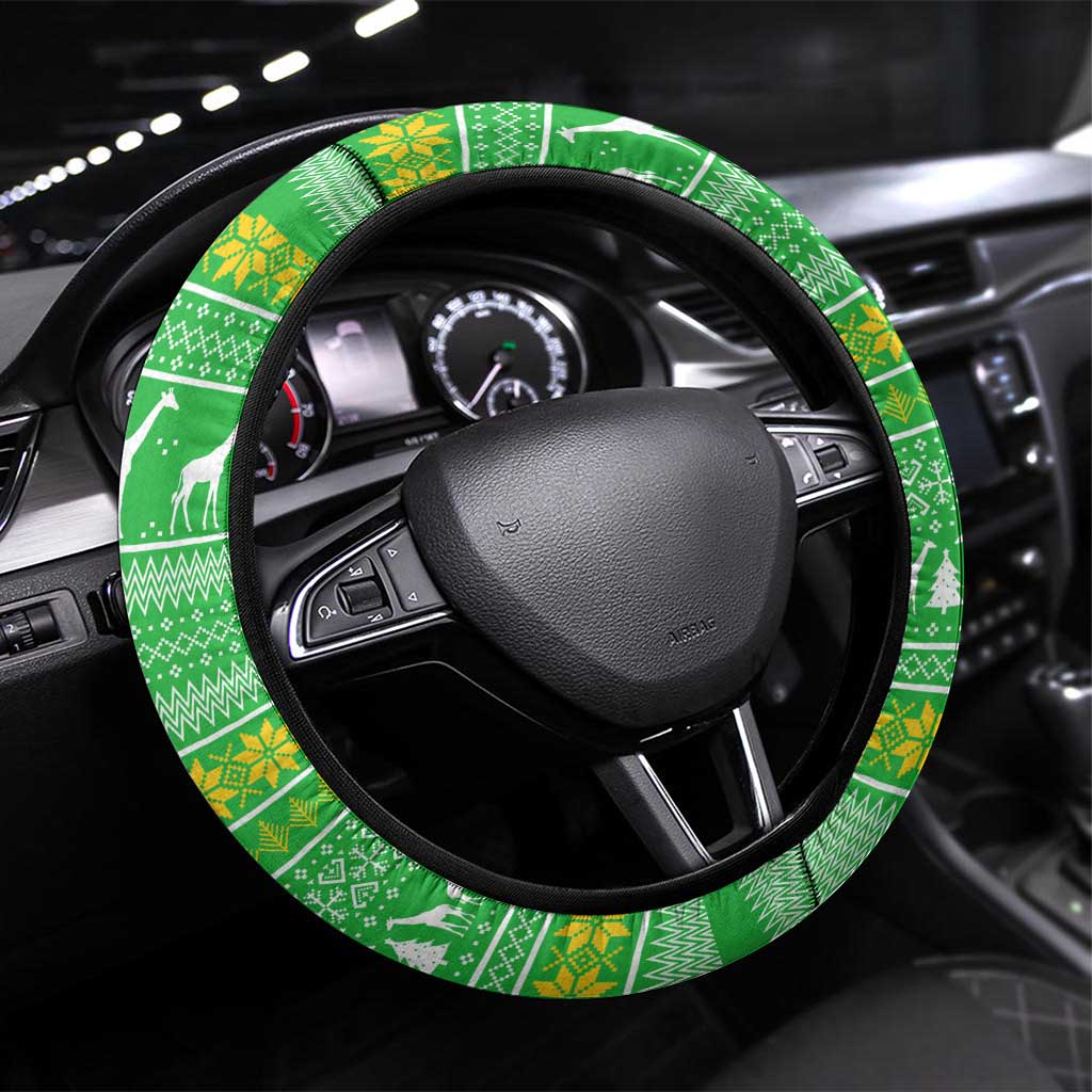 Tanzania Christmas Steering Wheel Cover Giraffe Christmas Tree Snowflakes and Flag - African Pride
